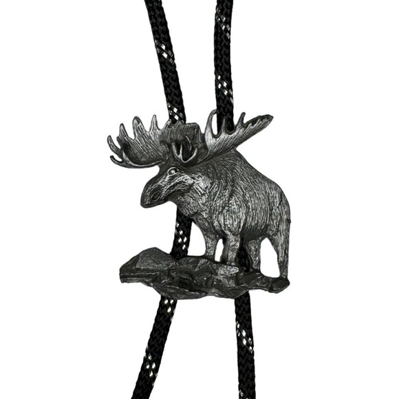 Boho Western Moose Bolo Tie Black Silver Necklace Accessory Cowboy Rodeo - Picture 3 of 7